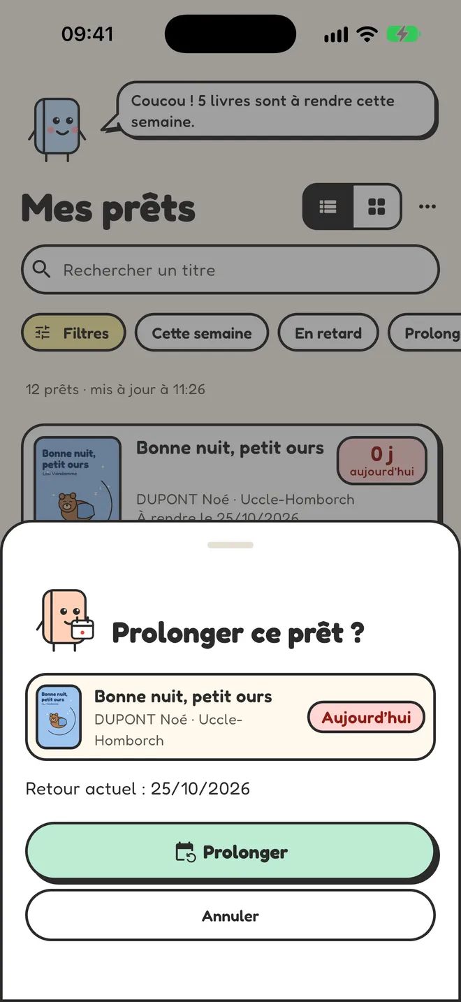 Biblio+ demande « Prolonger ce prêt ? » pour « Bonne nuit, petit ours », à rendre aujourd’hui, avec les boutons Prolonger et Annuler.