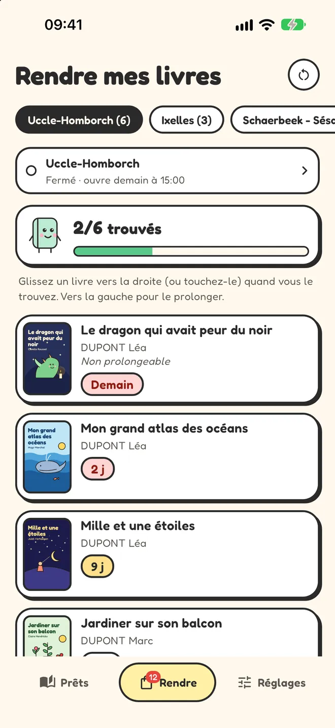 Écran « Rendre mes livres » : les livres à rapporter à Uccle-Homborch, 2 sur 6 trouvés, avec une barre de progression.